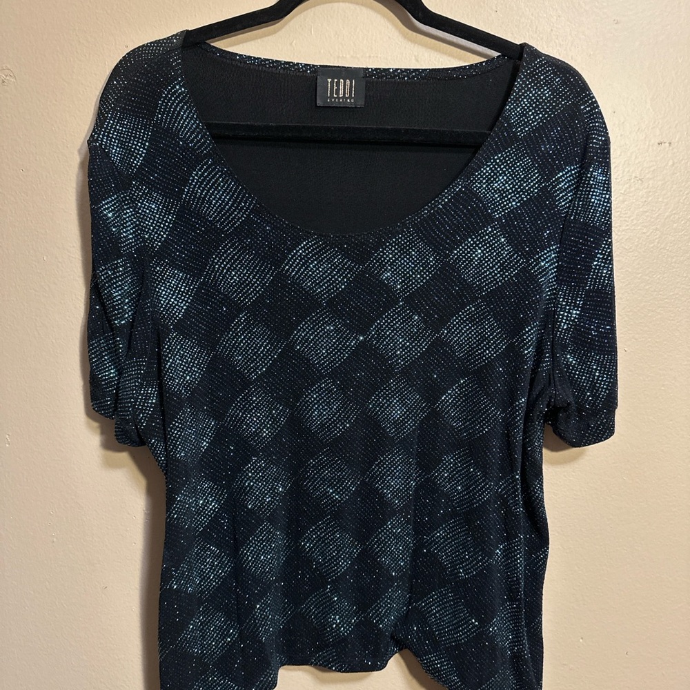 TEDDI Evening Black Shimmer Checkered Knit Short Sleeve Top